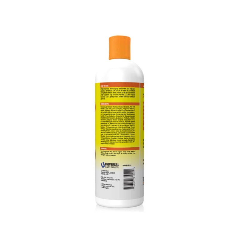 Jamaican Mango and Lime white bottle back label with barcode and orange cap loc detangler for natural hair