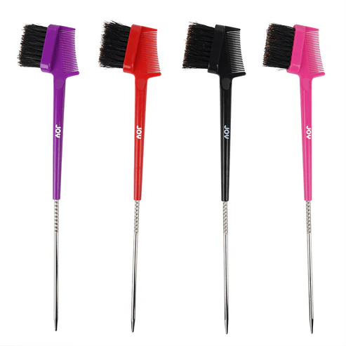 ANNIE set of four hair color applicator brushes with combs and metal tail picks in purple red black and pink
