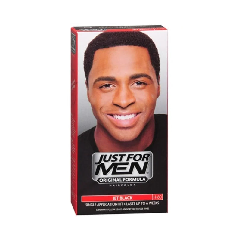 Just For Men box showing smiling man and product logo for jet black hair dye for men single application kit