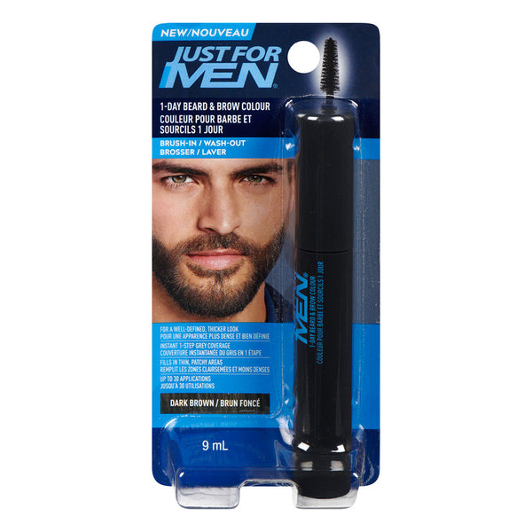 Just For Men 1-Day Beard and Brow Color free gift pack showing dark brown brush in packaging with model