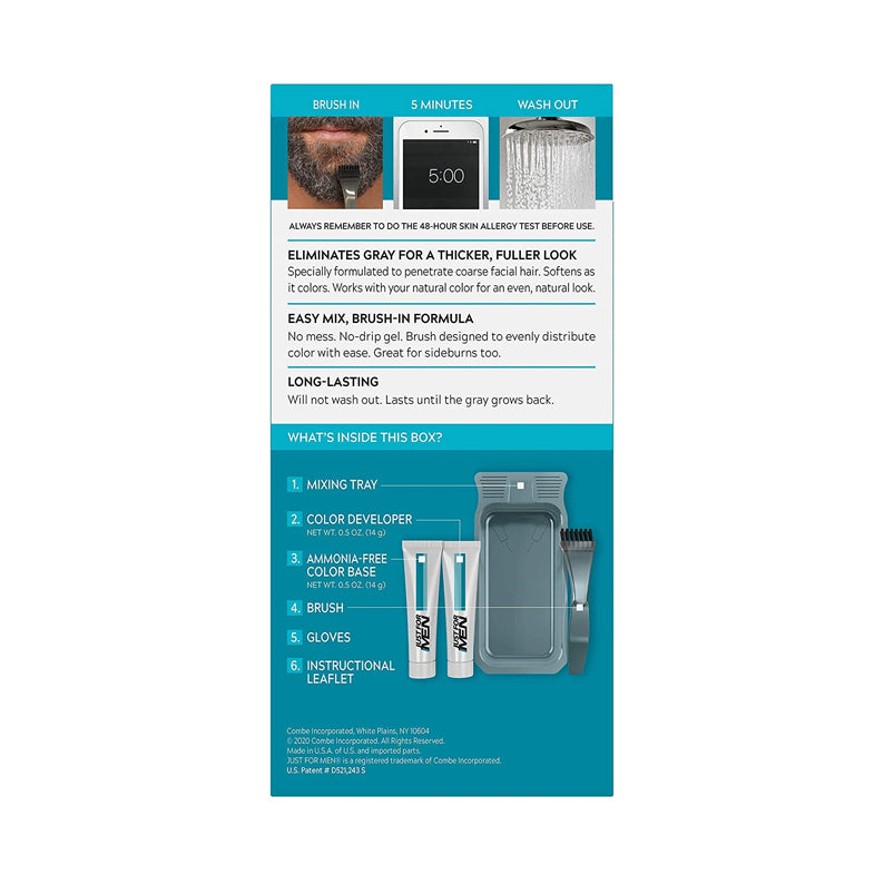 Box of just for men mustache and beard dye kit showing mixing tray tubes brush gloves and instruction leaflet