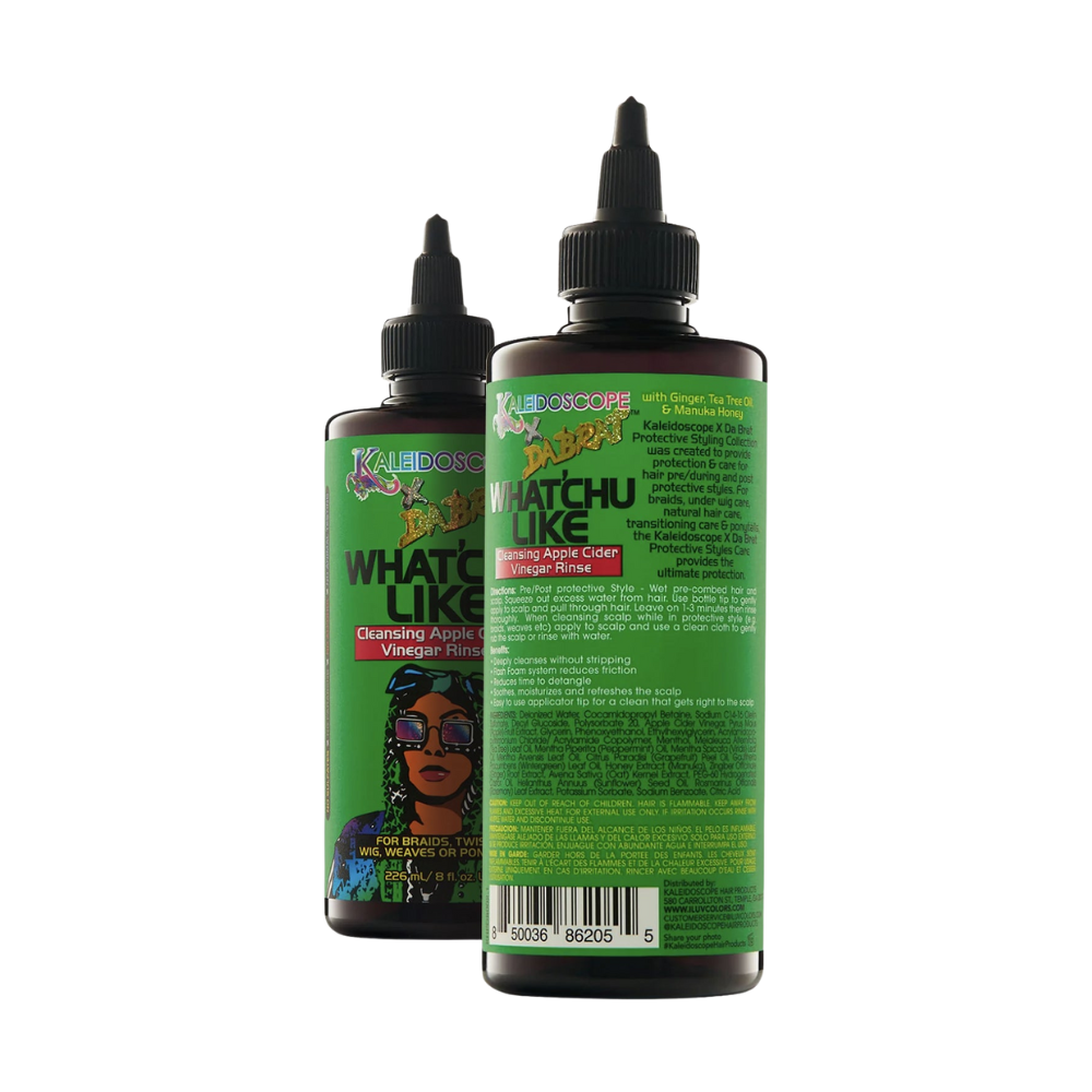 KALEIDOSCOPE Whatchu Like apple cider vinegar hair rinse two green label squeeze bottles