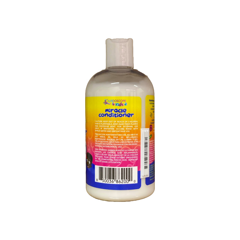 KALEIDOSCOPE colorful kids hair care bottle showing back label and barcode for detangling moisturizing conditioner