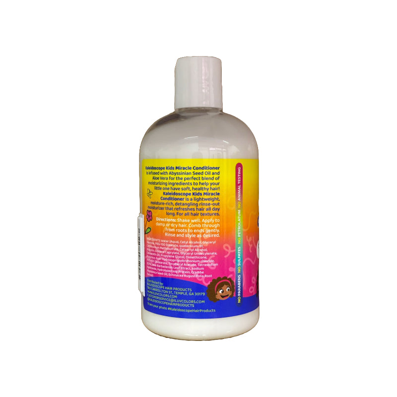 KALEIDOSCOPE kids detangling moisturizing conditioner bottle with colorful label shown from back