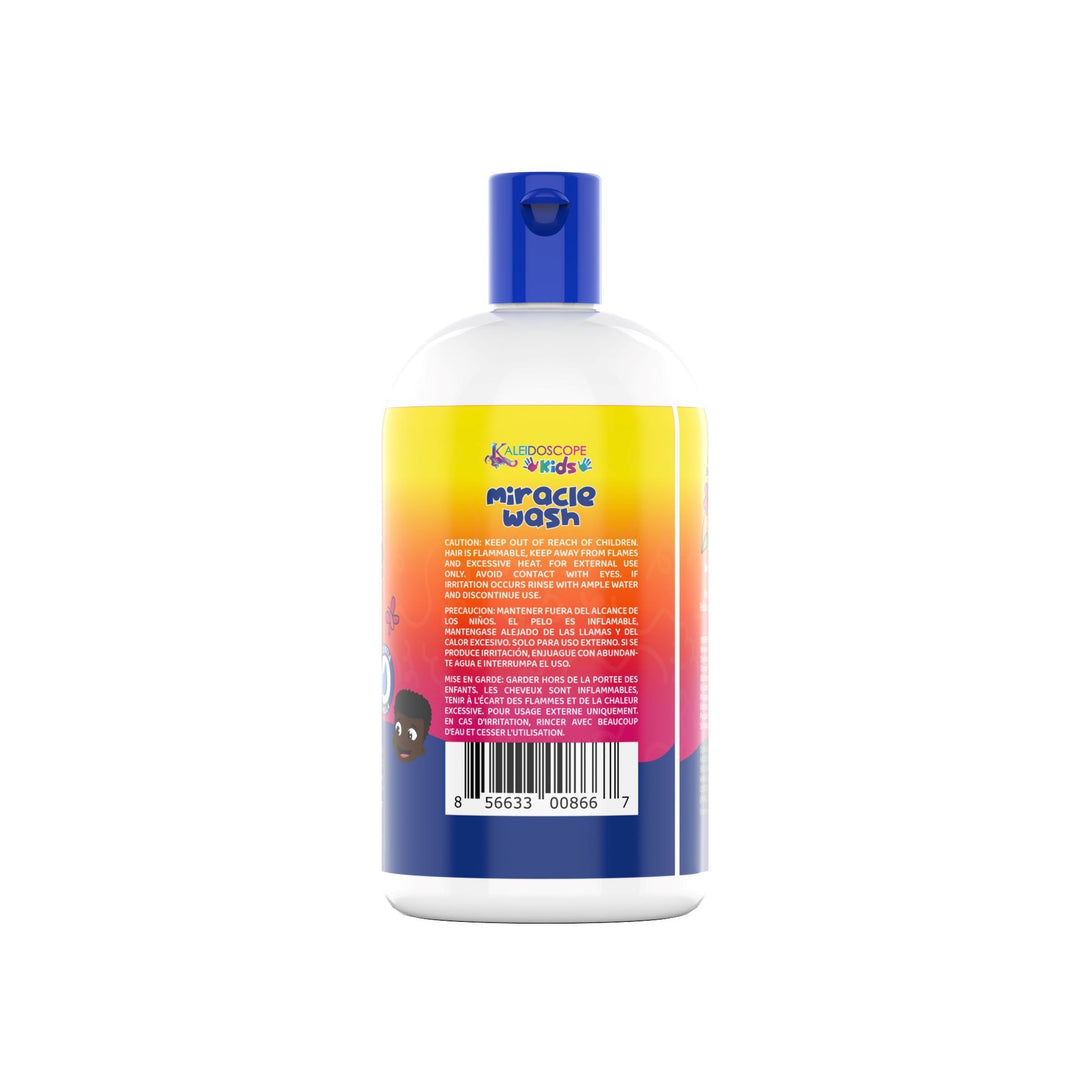 KALEIDOSCOPE miracle wash detangling shampoo bottle back view with blue flip cap and colorful kids label