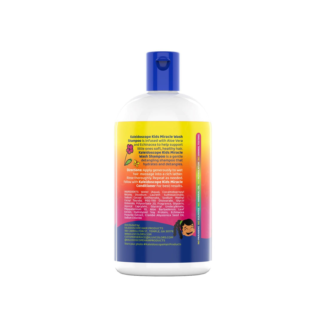 KALEIDOSCOPE colorful kids hair care bottle showing back label of miracle wash detangling shampoo