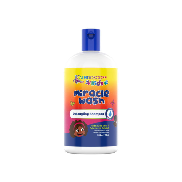 KALEIDOSCOPE kids bottle of miracle wash detangling shampoo with colorful gradient label and blue cap