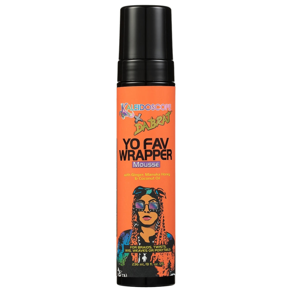 KALEIDOSCOPE Yo Fav Wrapper orange mousse bottle with braided woman illustration mousse for braids and twists