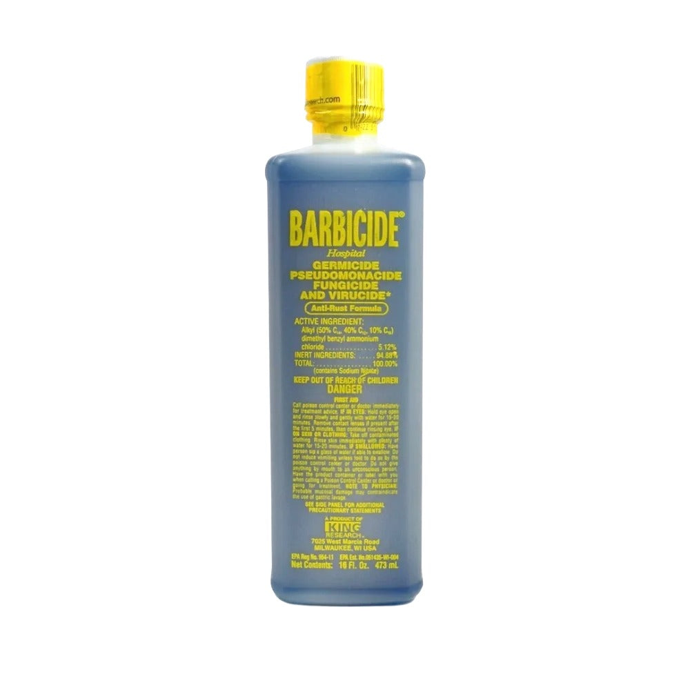 BARBICIDE 16 fl oz bottle of Barbicide disinfectant solution blue liquid with yellow cap