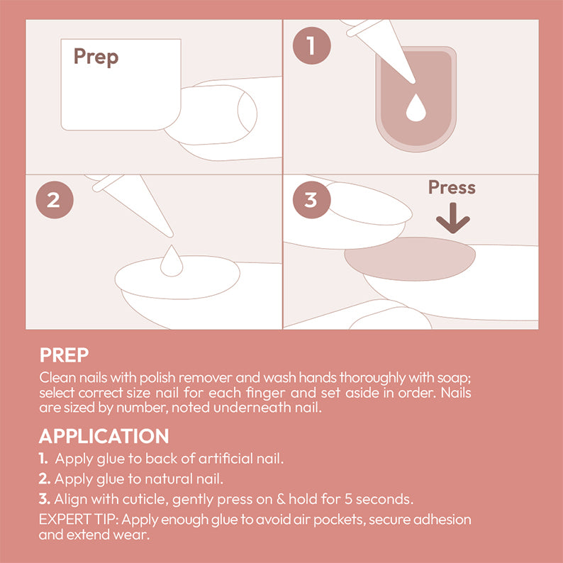 IVY BEAUTY by KISS Kiss Bare But Better nails press on application instructions showing prep glue and press steps