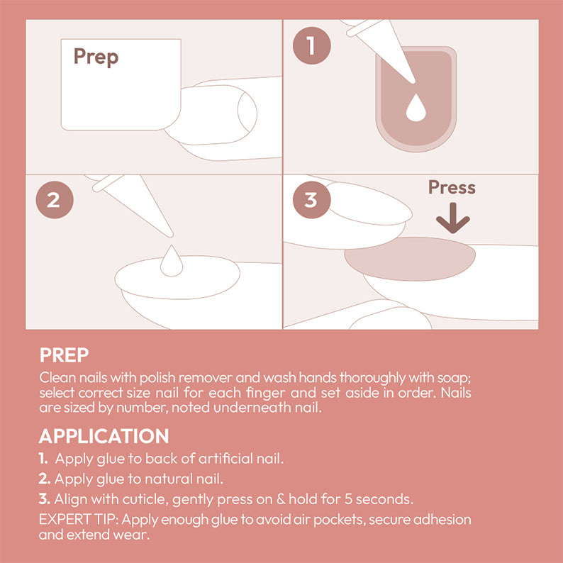 Kiss Bare But Better nails application instruction card showing prep steps glue application and nail pressing