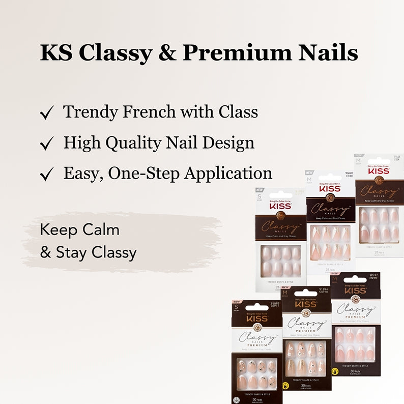 Kiss Classy press on nails multiple packaged French manicure styles by IVY BEAUTY by KISS displayed