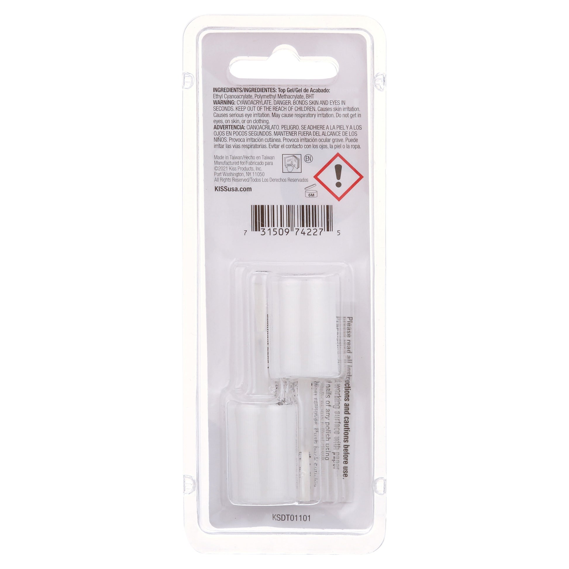 Back of blister pack with two small clear bottles of IVY BEAUTY by KISS Kiss Salon Dip Top Gel for nails