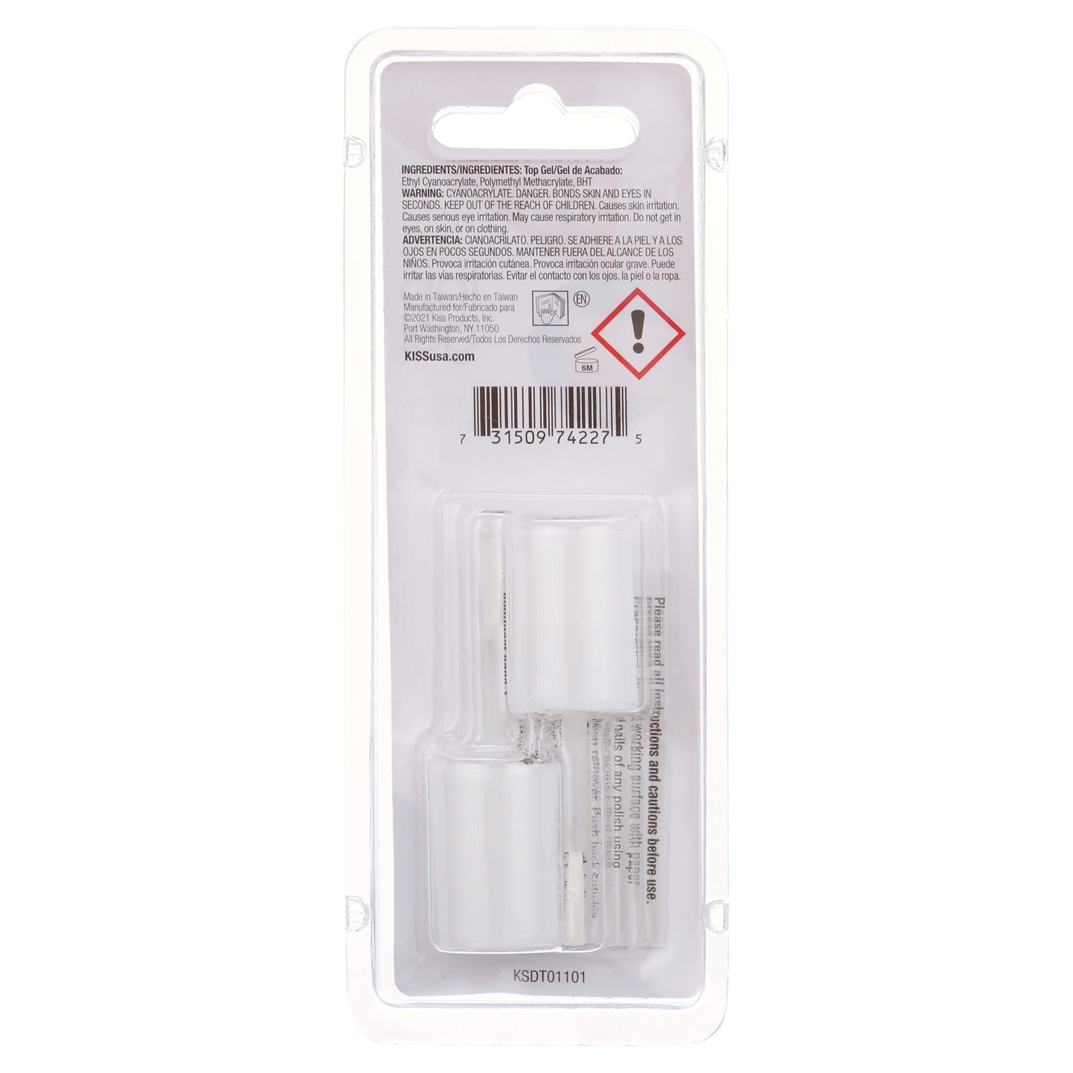 Back of blister pack with two small clear bottles of IVY BEAUTY by KISS Kiss Salon Dip Top Gel for nails