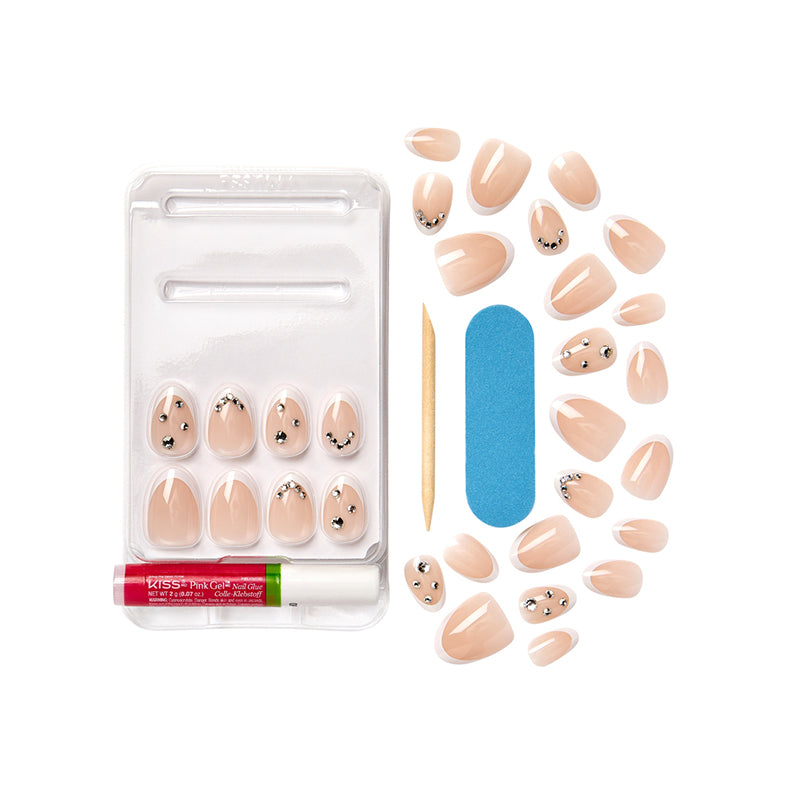 IVY BEAUTY by KISS premium press on nails nude almond set with rhinestones kit glue file stick