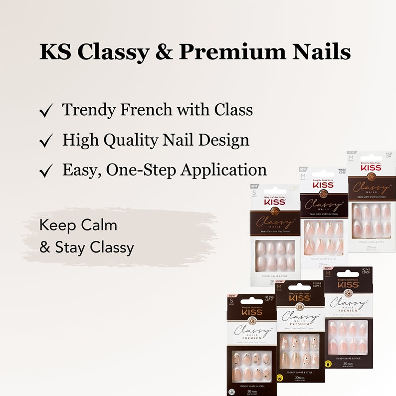 IVY BEAUTY by KISS classy French press on nails for women packaging showing multiple nude sets and benefits