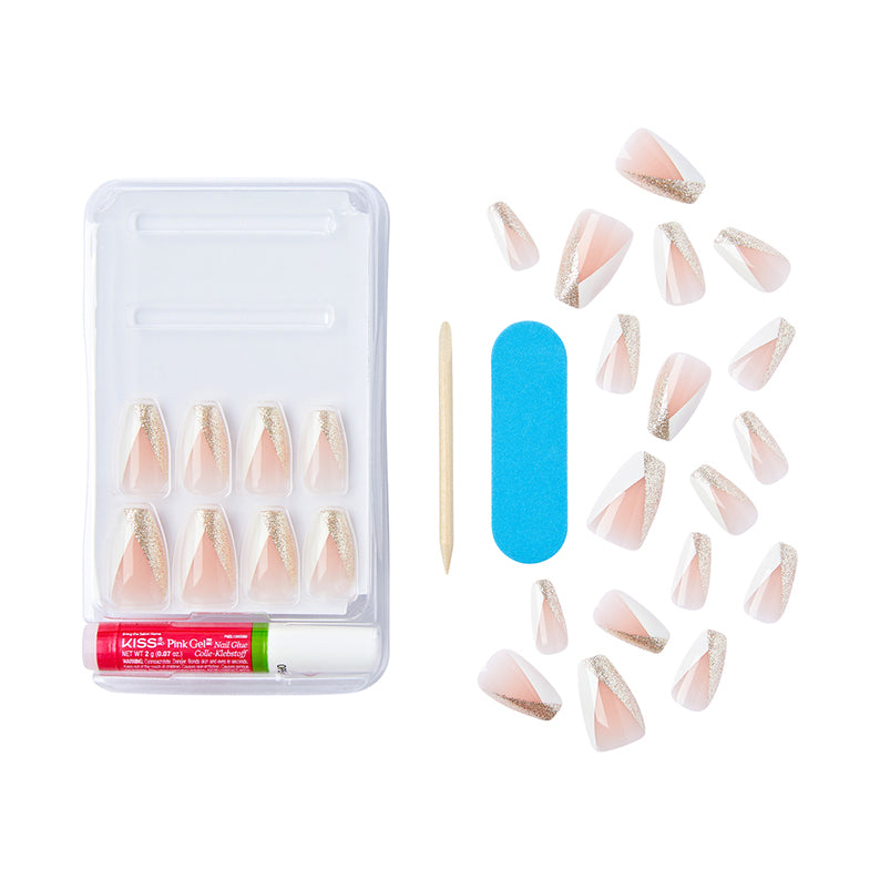 IVY BEAUTY by KISS press on nails for women soft pink glitter tip kit with glue file and stick