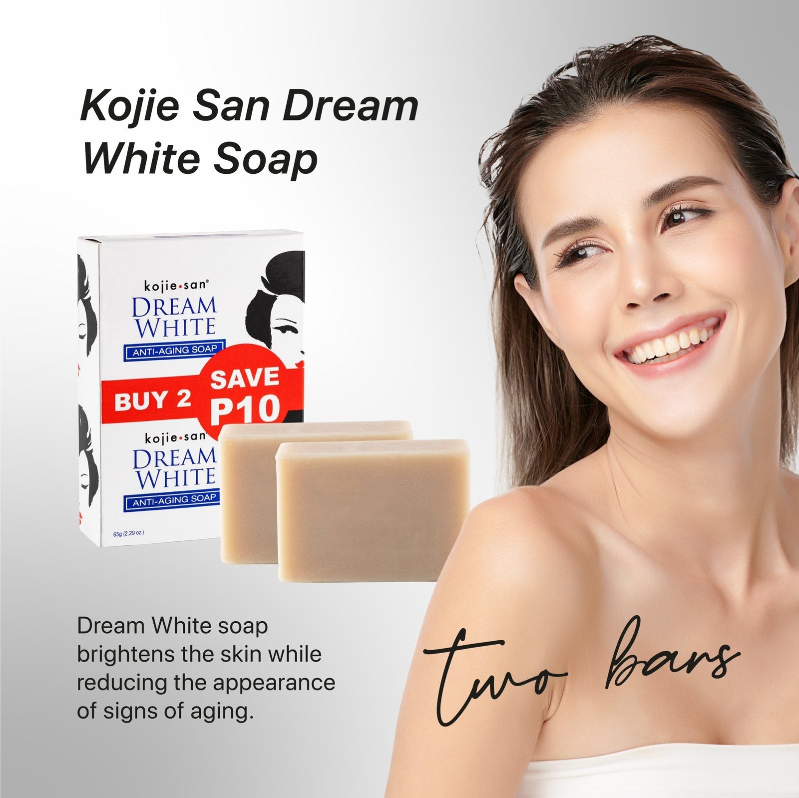 Kojie San Dream White soap two bars with box and smiling woman brightening anti aging soap