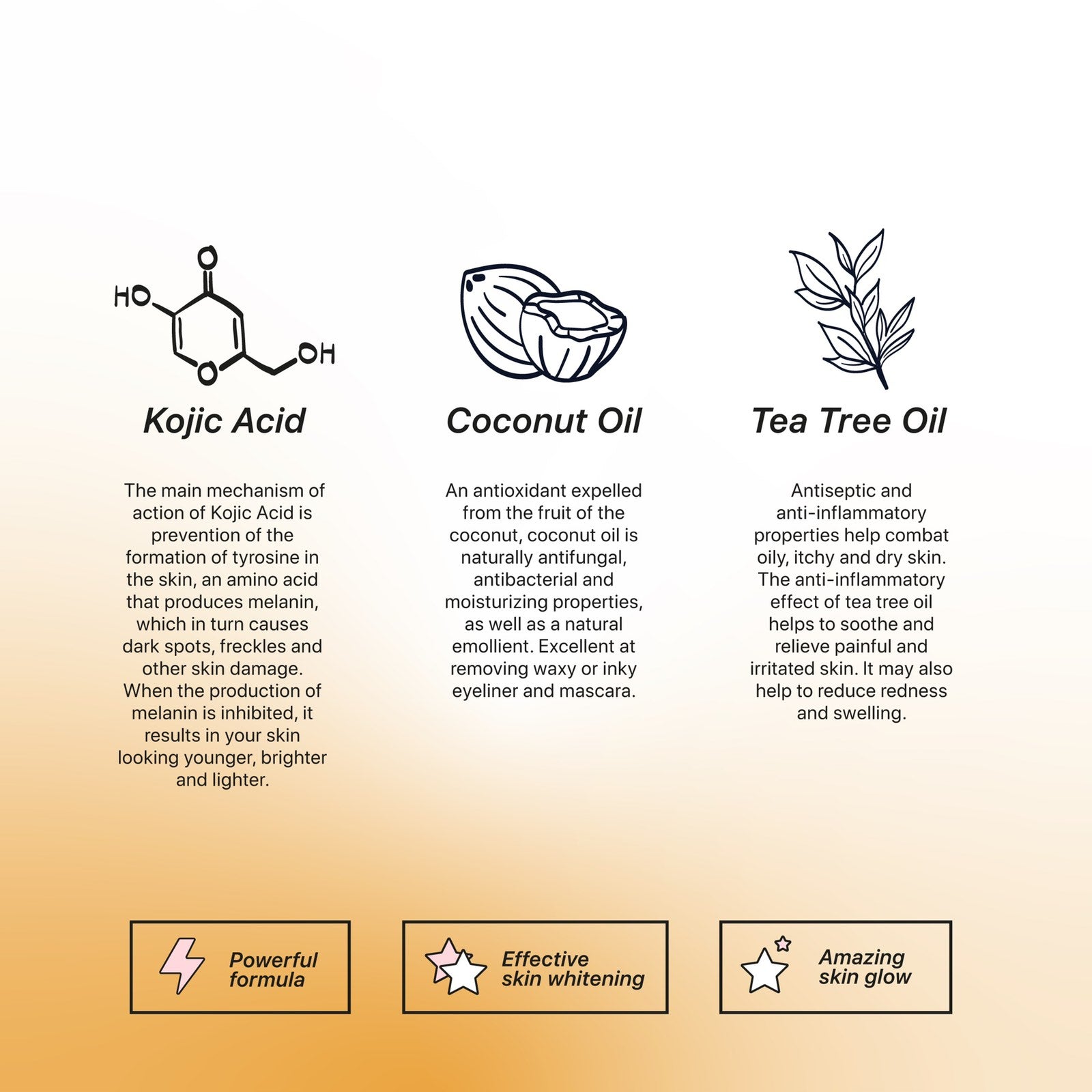 KOJIE SAN skin lightening soap value pack infographic showing Kojic Acid Coconut Oil and Tea Tree Oil benefits