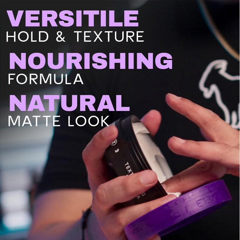 Person opening L3VEL3 hair styling paste long-lasting hold jar showing purple lid and matte formula