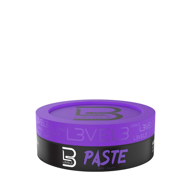 L3VEL3 hair styling paste long-lasting hold in purple and black jar for textured matte finish and strong control