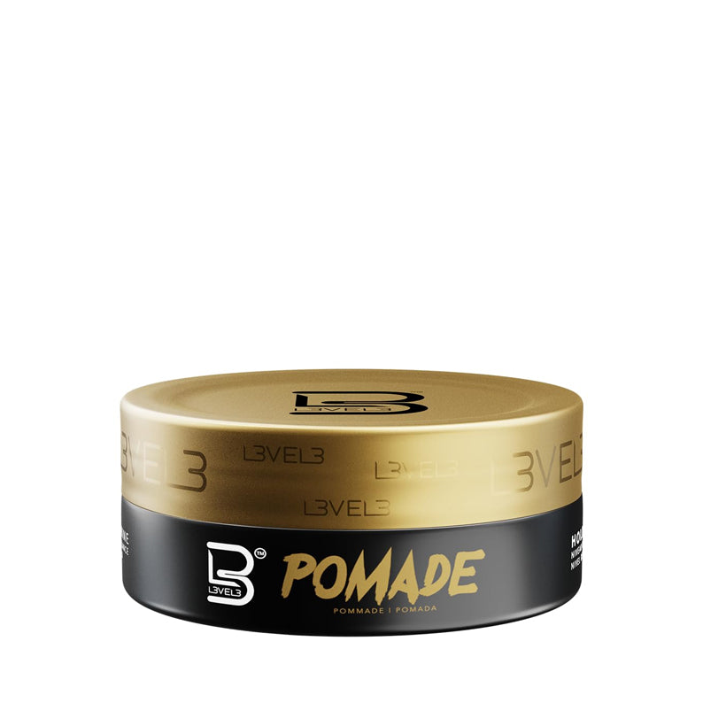 L3VEL3 keratin infused hair pomade in black and gold jar for strong hold and glossy styling