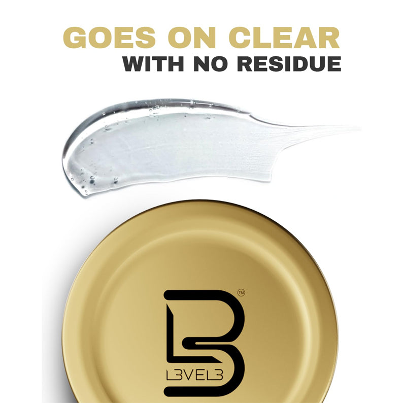 L3VEL3 keratin infused hair pomade gold tin lid with clear gel smear showing no residue