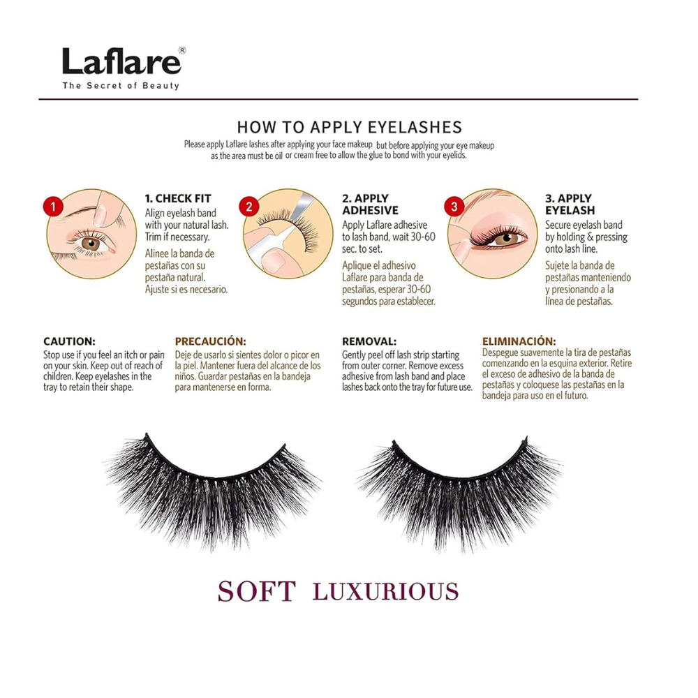 LAFLARE 3D cashmere eyelashes value pack packaging showing soft luxurious lashes with application steps