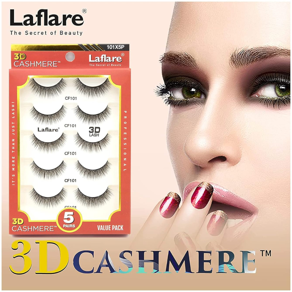 Laflare 3D cashmere eyelashes value pack five pairs shown with closeup of model smoky eye and manicured nails