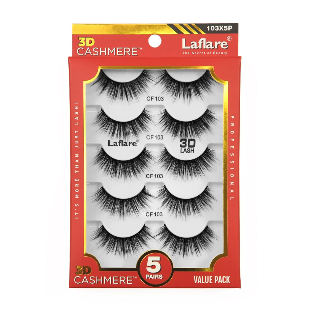 Laflare boxed set of five black CF103 false lashes 3D cashmere eyelashes value pack for dramatic volume