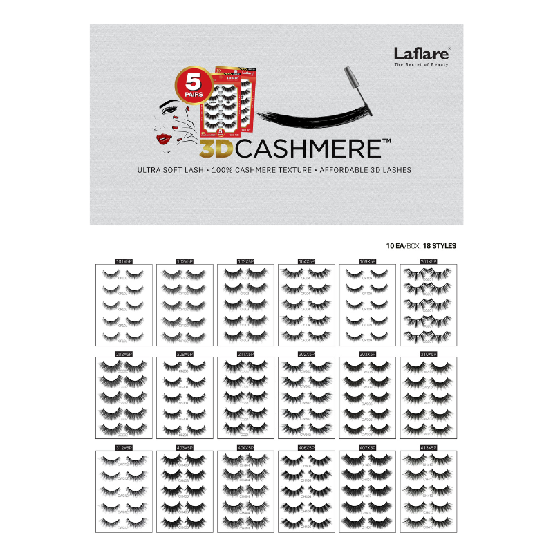 LAFLARE 3D cashmere eyelashes value pack showing branded box and 18 styles of ultra soft multiple lash pairs