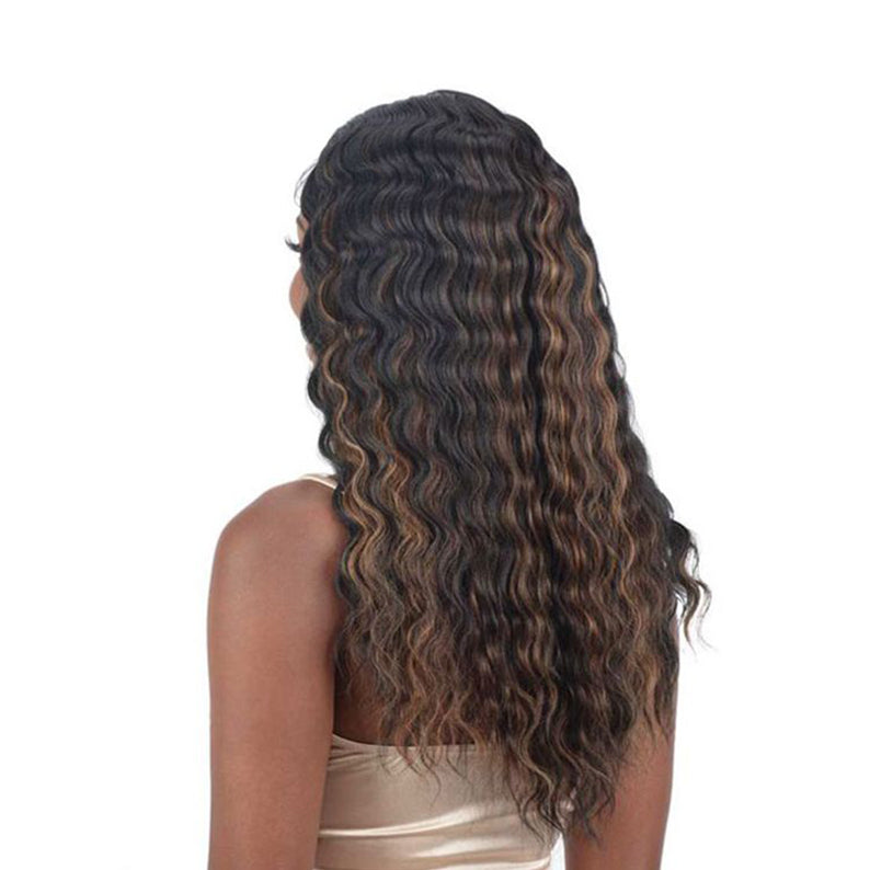 SHAKE N GO long wavy brown wig with subtle blonde highlights back view lace front human hair blend wig