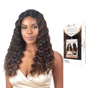 Shake N Go Legacy long wavy dark brown lace front human hair blend wig on model with packaging