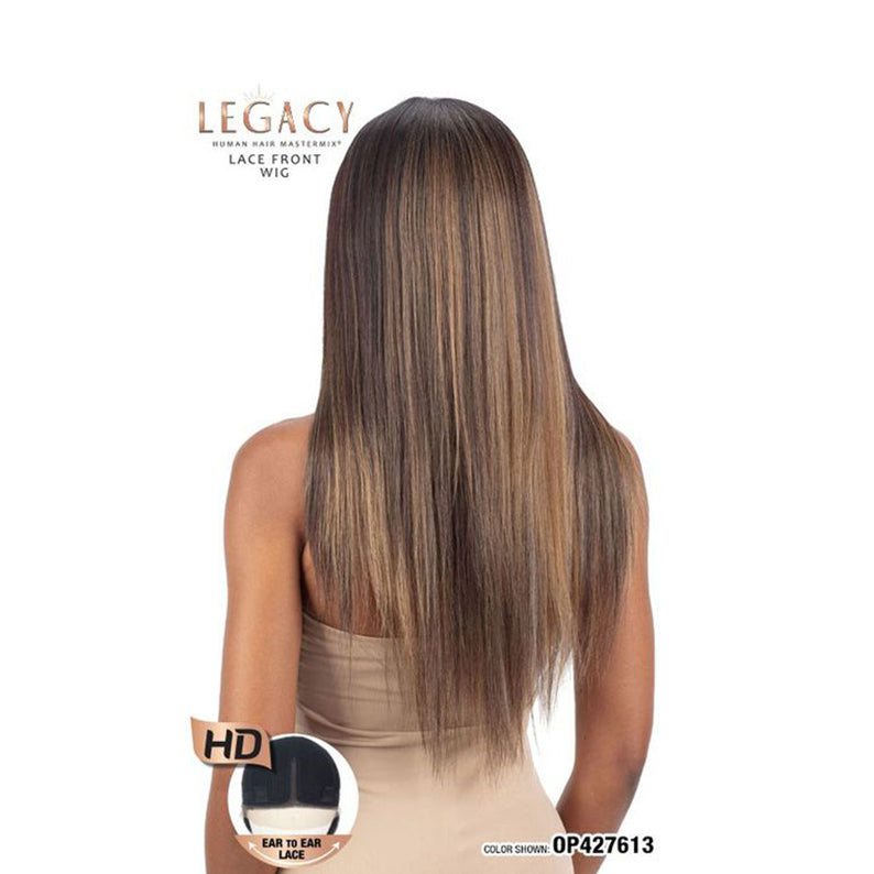 SHAKE N GO legacy human hair blend lace front wig long straight brown with honey highlights back view