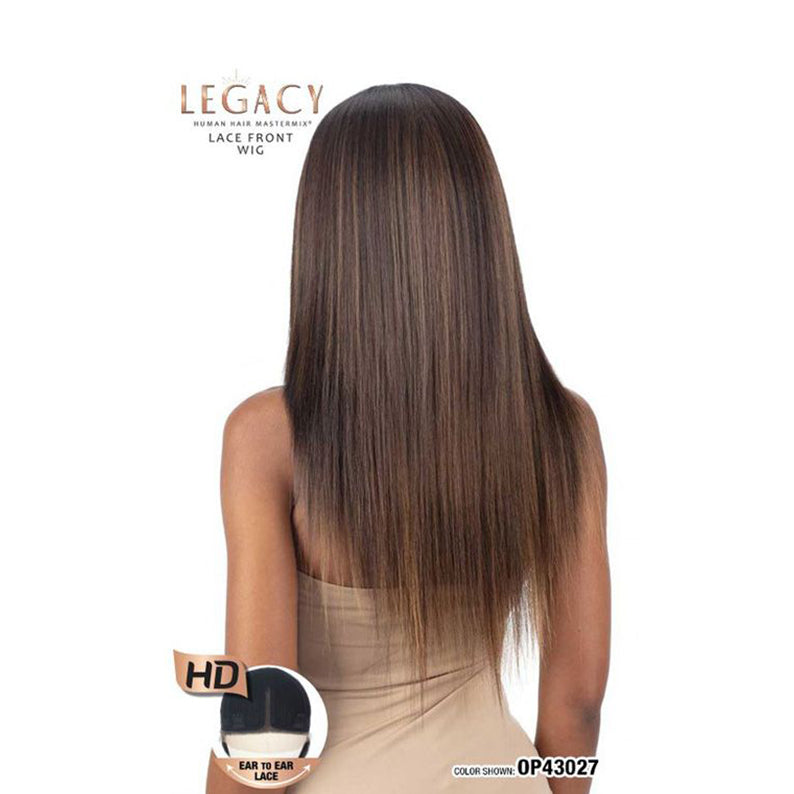 SHAKE N GO legacy human hair blend lace front wig long straight brown highlighted hair back view