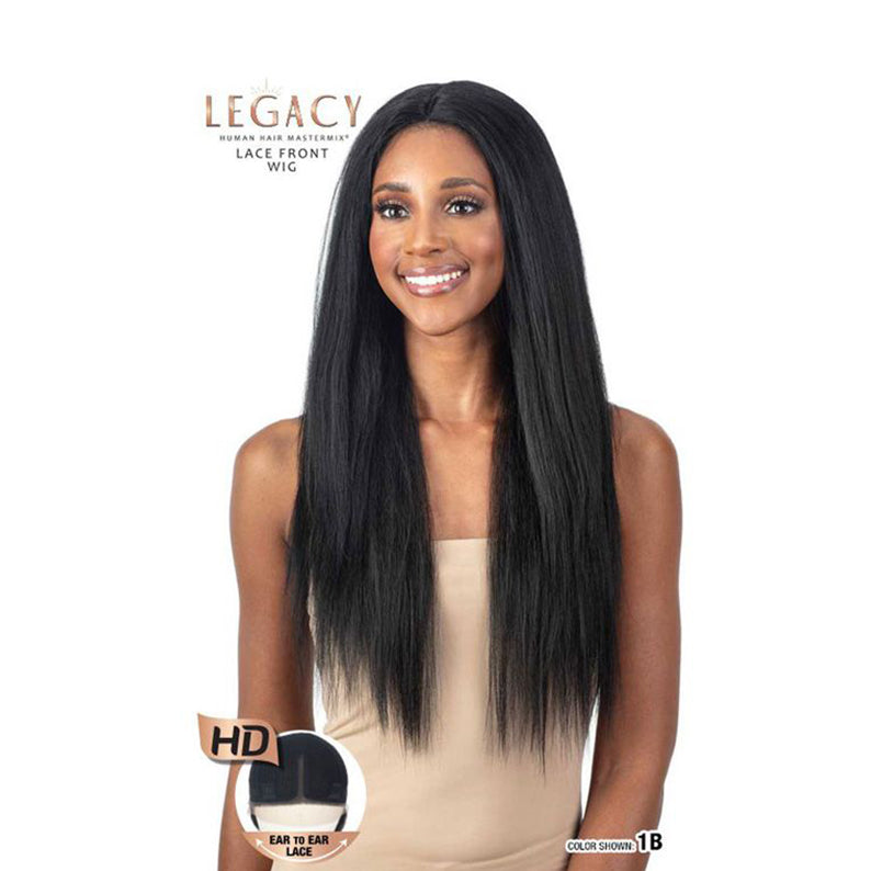 SHAKE N GO legacy human hair blend lace front wig long straight 1B natural black on model