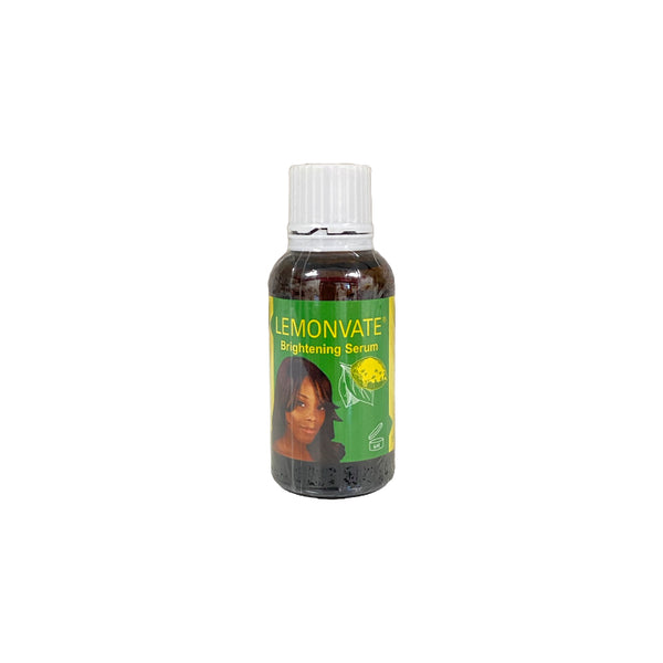 LEMONVATE brightening serum in clear brown bottle with white cap and green label showing woman and lemon