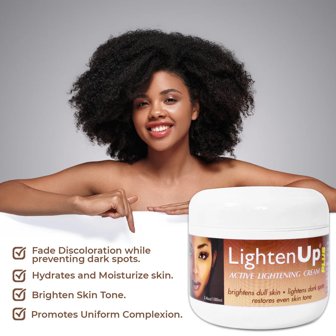 LightenUp jar with model smiling and benefits list showcasing active lightening cream for dark spots