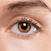 LIZ makeup close up of eye wearing hazel color contact lenses showing natural golden brown detail