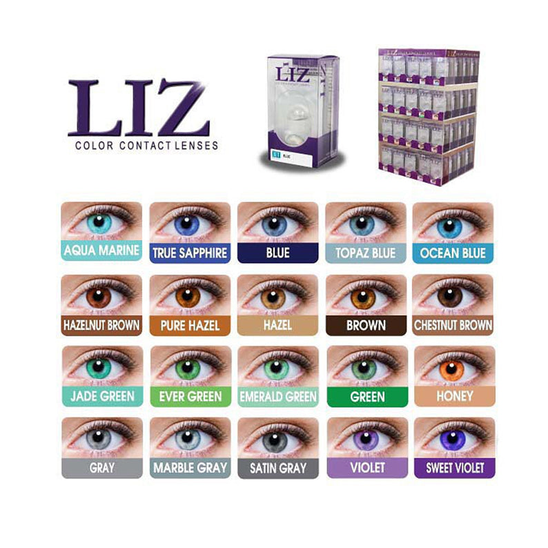 LIZ makeup product display with box and color chart showing marble gray color contact lenses among 24 colored lens options