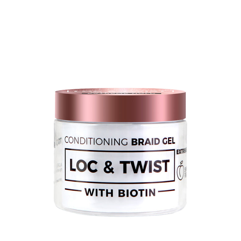 NICKA K conditioning braid gel for natural hair in clear jar with rose gold lid labeled Loc and Twist with biotin