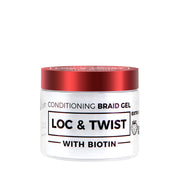 NICKA K conditioning braid gel with biotin in clear jar with red lid for loc and twist styling