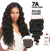 Sensationnel loose deep wavy hair on model with 4x4 lace piece showcasing 7A virgin Remi lace closure