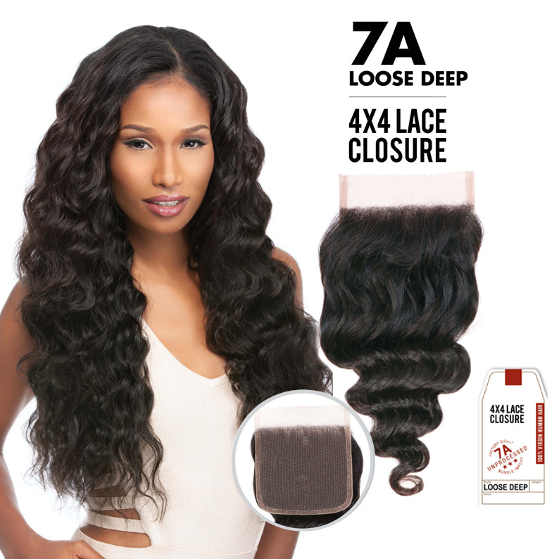 Sensationnel loose deep wavy hair on model with 4x4 lace piece showcasing 7A virgin Remi lace closure