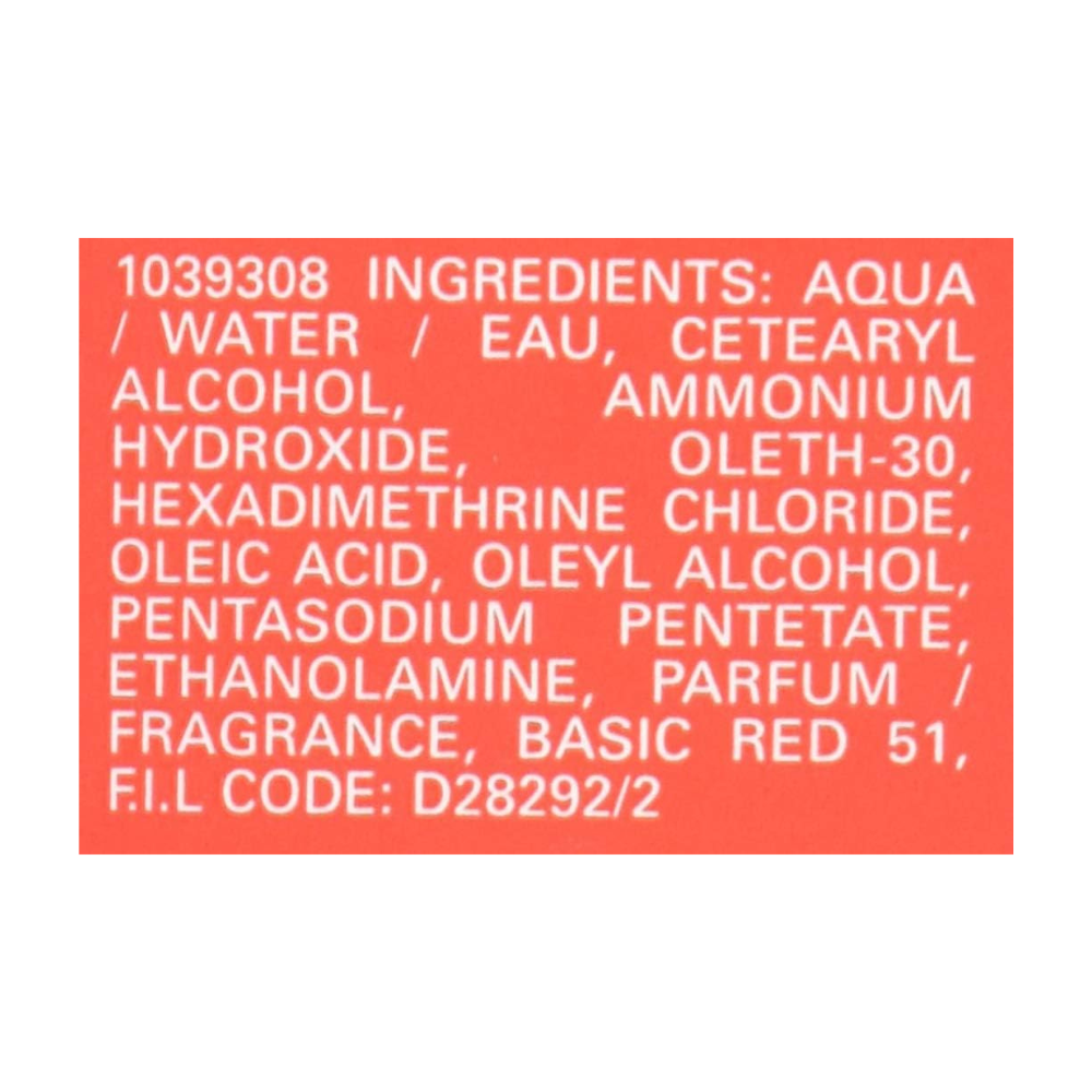 LOREAL hair dye ingredient label close up on red background listing ingredients and codes red hair dye for dark hair