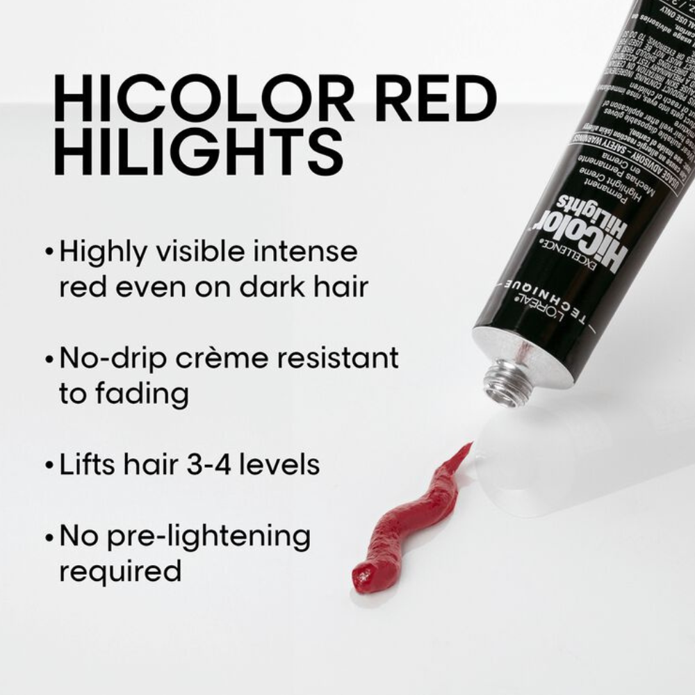 LOREAL HiColor Red Highlights tube with red cream swatch and copy promoting red hair dye for dark hair