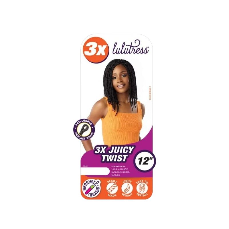 Sensationnel Lulutress Juicy Twist 12 inch braiding hair package with model wearing black twist braids