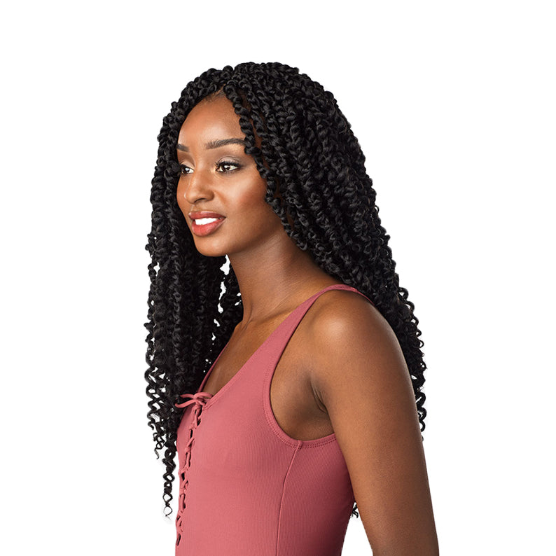 SENSATIONNEL braid model wearing Lulutress Passion Twist hair long black twists side view showing texture and length