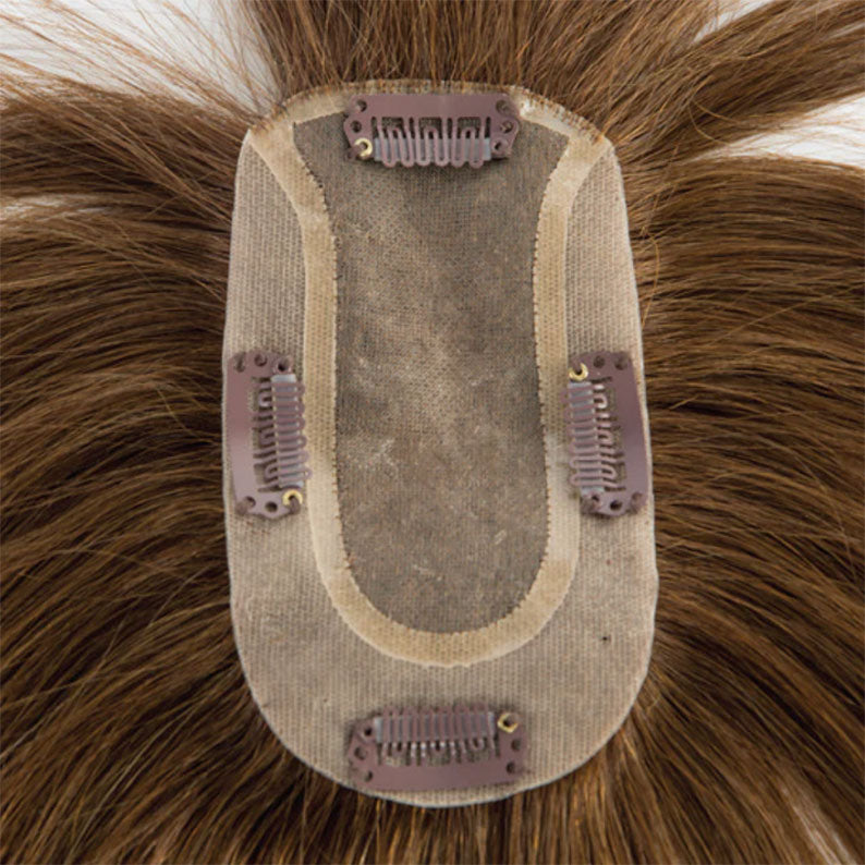 HAIR COUTURE Remy human hair top piece with four brown snap clips and soft breathable base brown strands