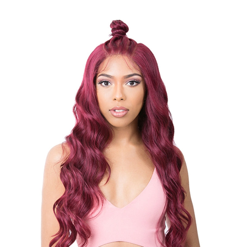 ITS A WIG HD 13x6 lace front wig burgundy long wavy hair half up top knot with natural hairline